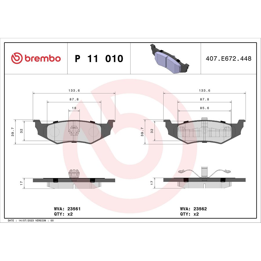 4 Plaquettes De Frein Brembo P11010