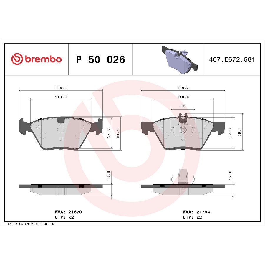 4 Plaquettes De Frein Brembo P50026