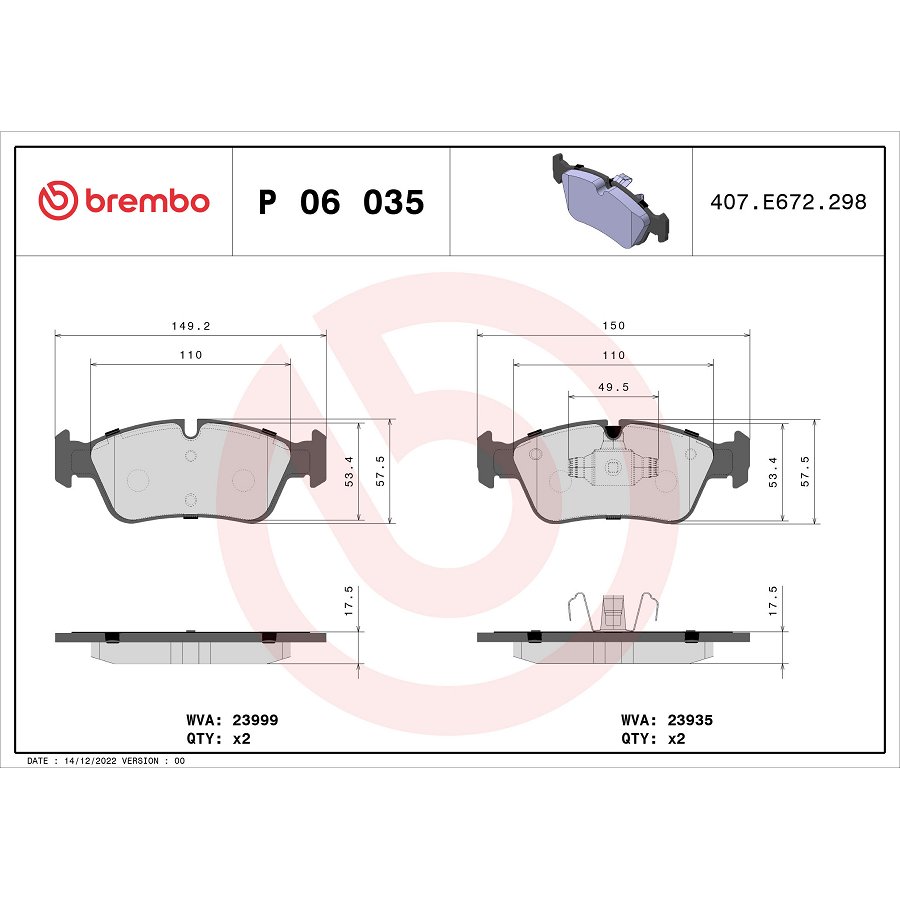 4 Plaquettes De Frein Brembo P06035