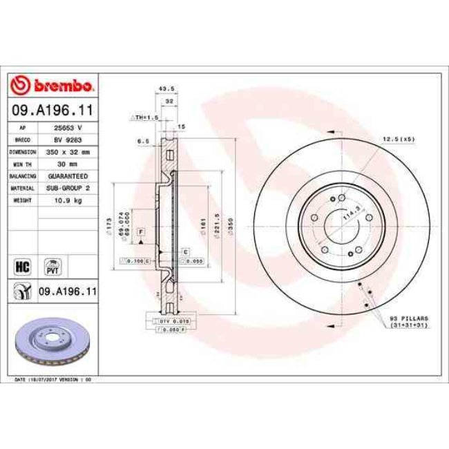 1 Disque De Frein Brembo Vernis Uv 09.a196.11