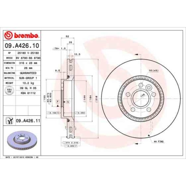 1 Disque De Frein Brembo Vernis Uv 09.a426.11