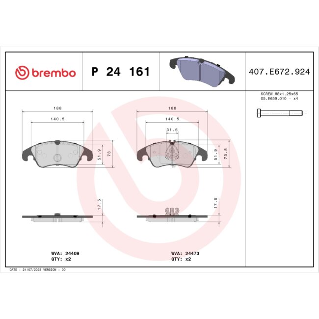 4 Plaquettes De Frein Brembo P24161