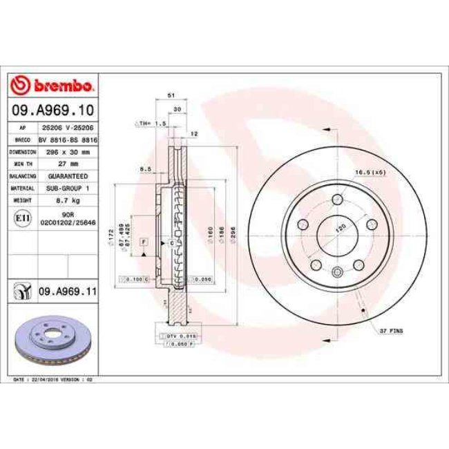 1 Disque De Frein Brembo 09.a969.10