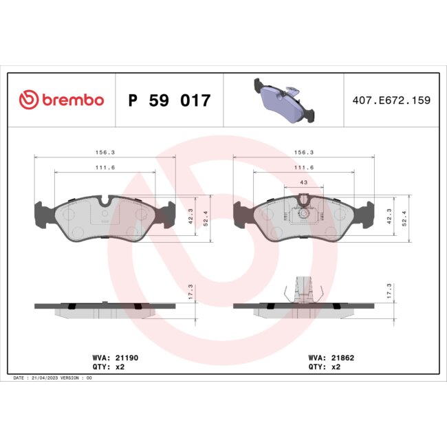 4 Plaquettes De Frein Brembo P59017
