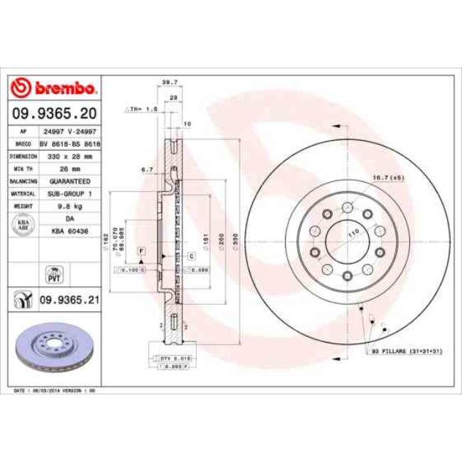1 Disque De Frein Brembo Vernis Uv 09.9365.21