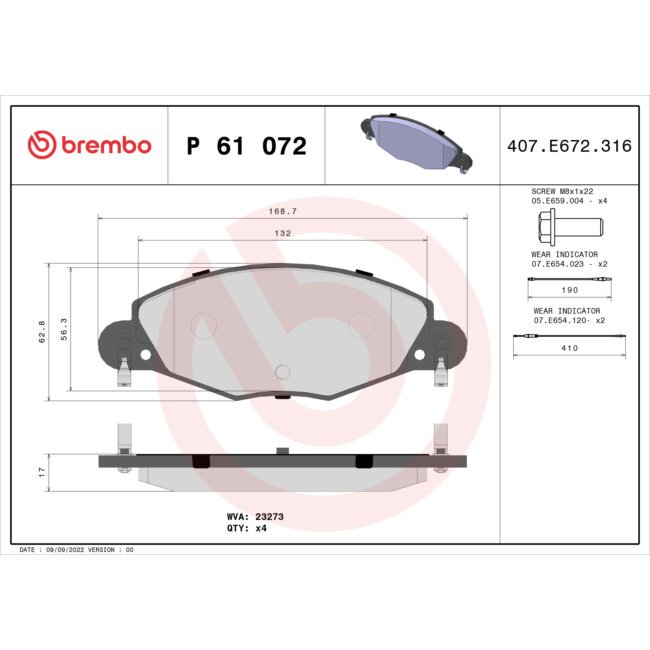 4 Plaquettes De Frein Brembo P61072