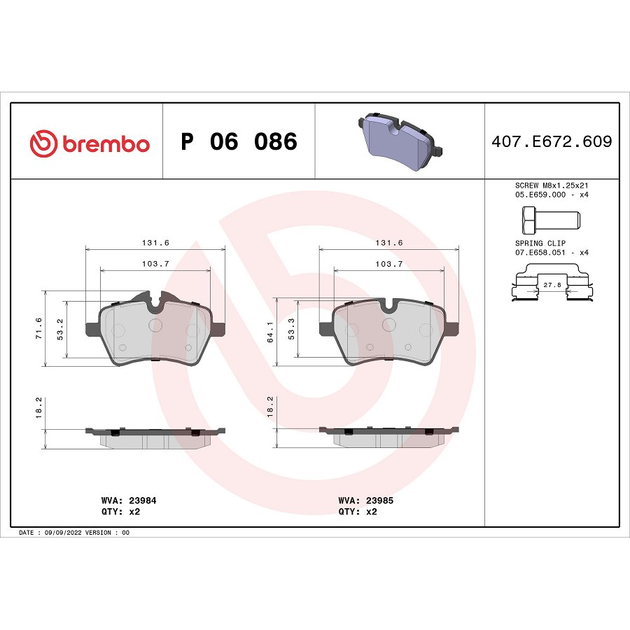 4 Plaquettes De Frein Brembo P06086