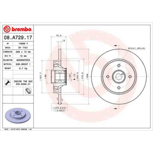 1 Disque De Frein Avec Roulement Brembo 08.a729.17