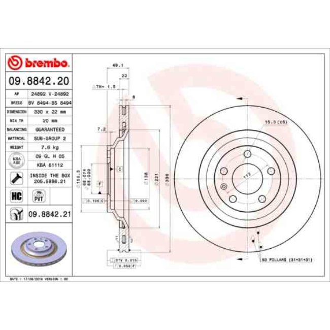 1 Disque De Frein Brembo Vernis Uv 09.8842.21