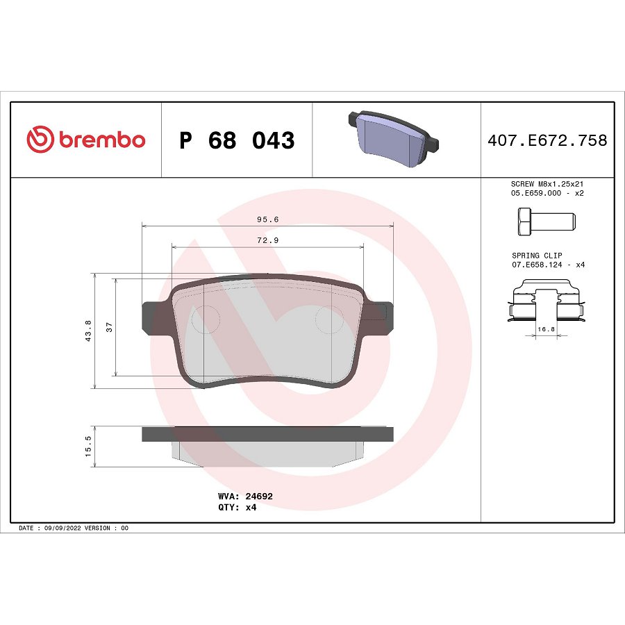 4 Plaquettes De Frein Brembo P68043