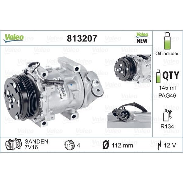 Compresseur Climatisation VALEO 813179 - Haute Performance, Pré-remplissage Huile PAG100 - Pour R134a, 12V