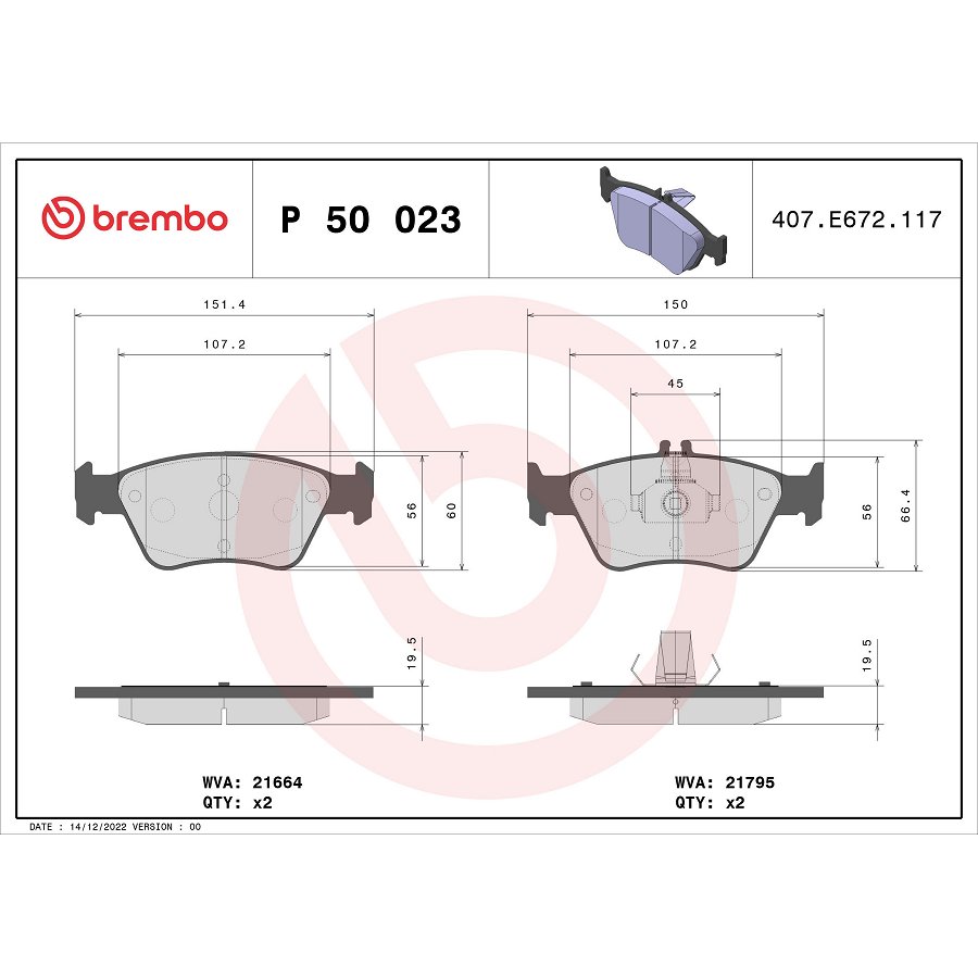 4 Plaquettes De Frein Brembo P50023