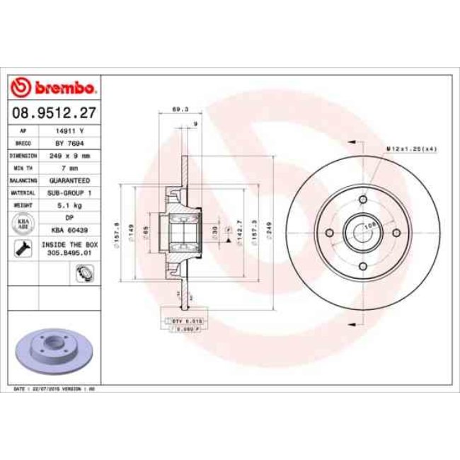 1 Disque De Frein Avec Roulement Brembo 08.9512.27