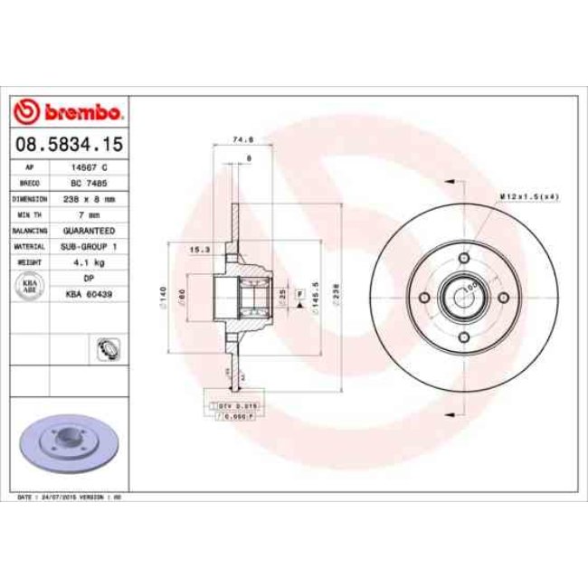 1 Disque De Frein Avec Roulement Brembo 08.5834.15