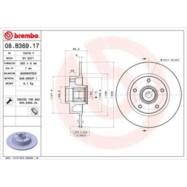 1 Disque De Frein Brembo Avec Roulement 08.b369.17