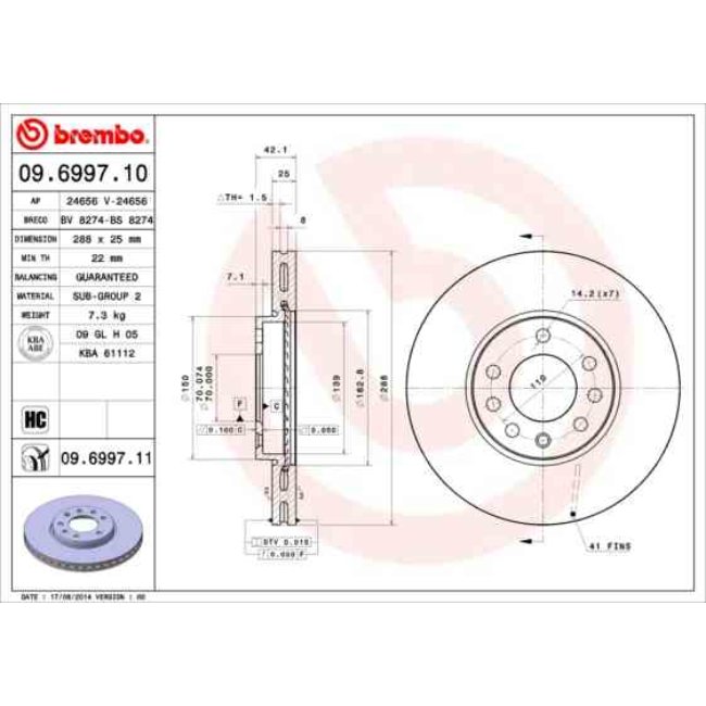 2 Disques De Frein Brembo 09.6997.10