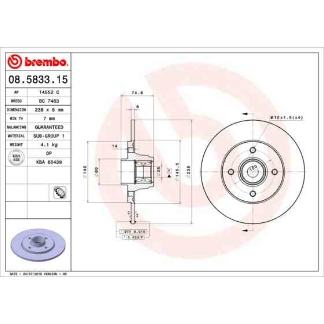 1 Disque De Frein Avec Roulement Brembo 08.5833.15