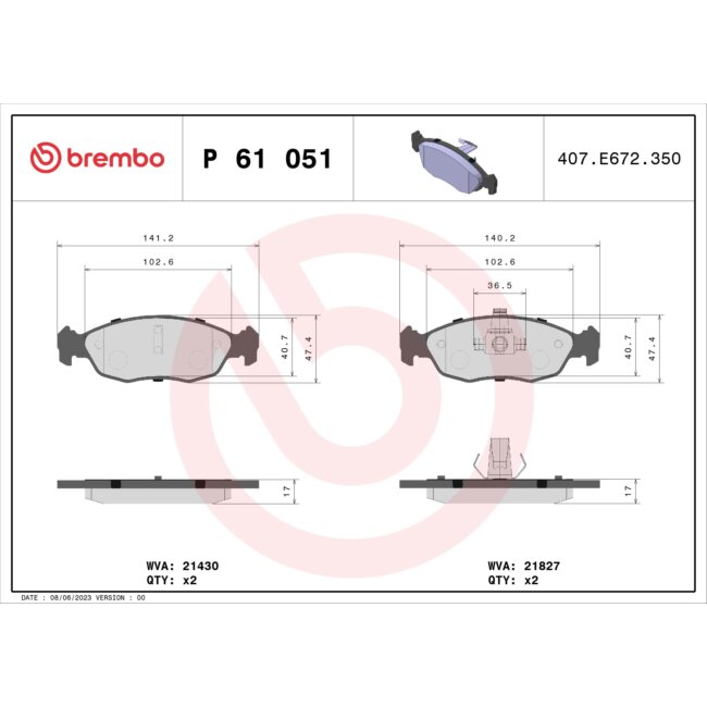 4 Plaquettes De Frein Brembo P61051