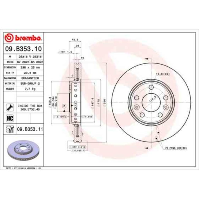 2 Disques De Frein Brembo 09.b353.10