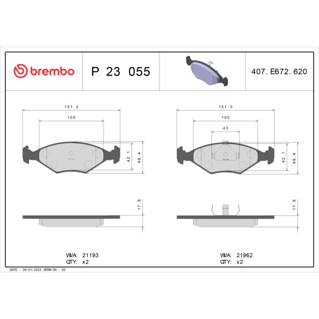 4 Plaquettes De Frein Brembo P23055
