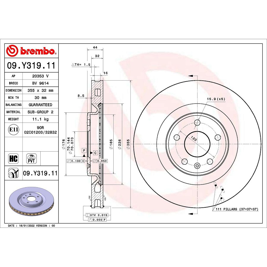 1 Disque De Frein Brembo 09.y319.11 Vernis Uv