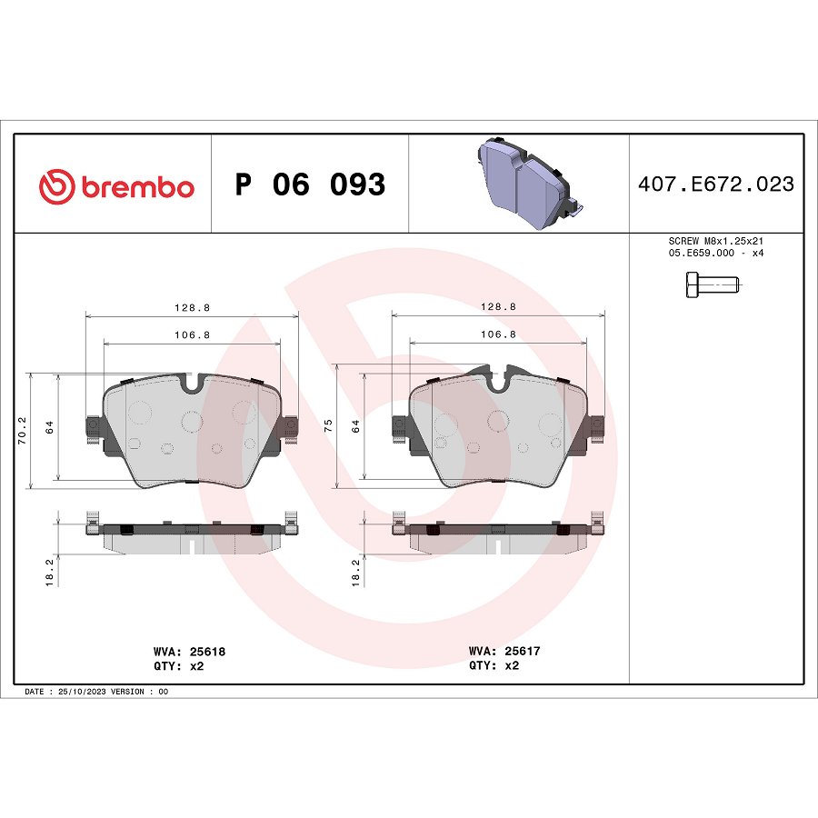 4 Plaquettes De Frein Brembo P 06 093