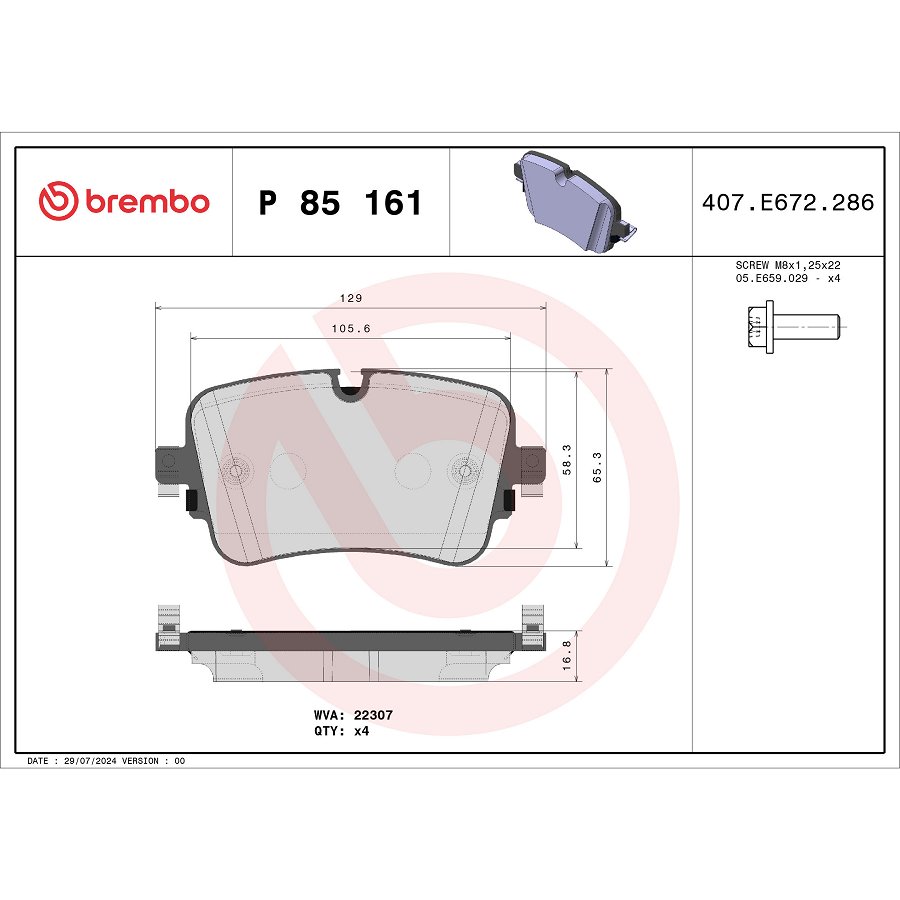 4 Plaquettes De Frein Brembo P 85 161