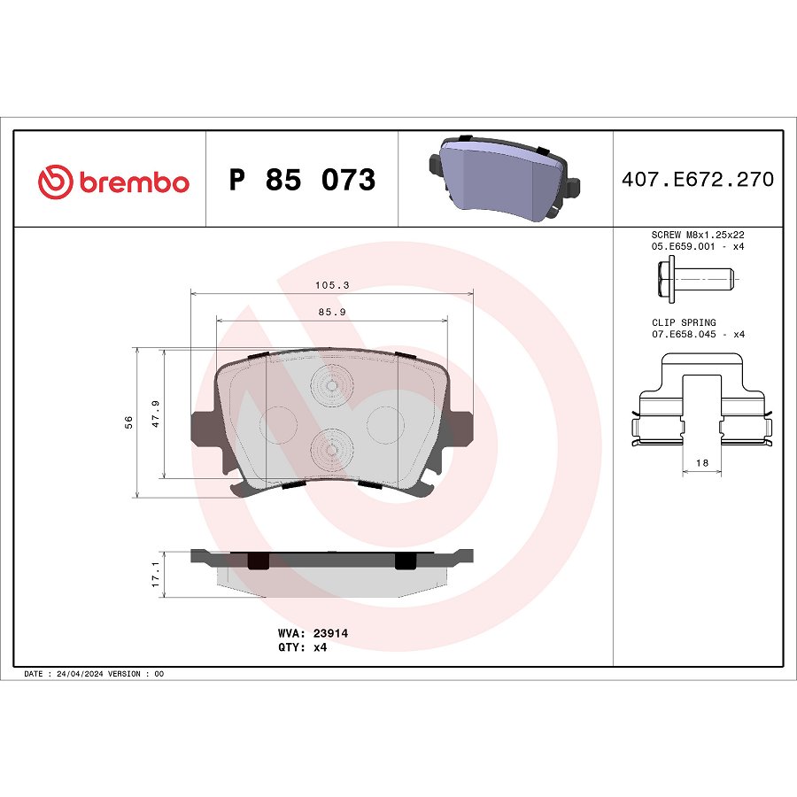 4 Plaquettes De Frein Brembo P85073