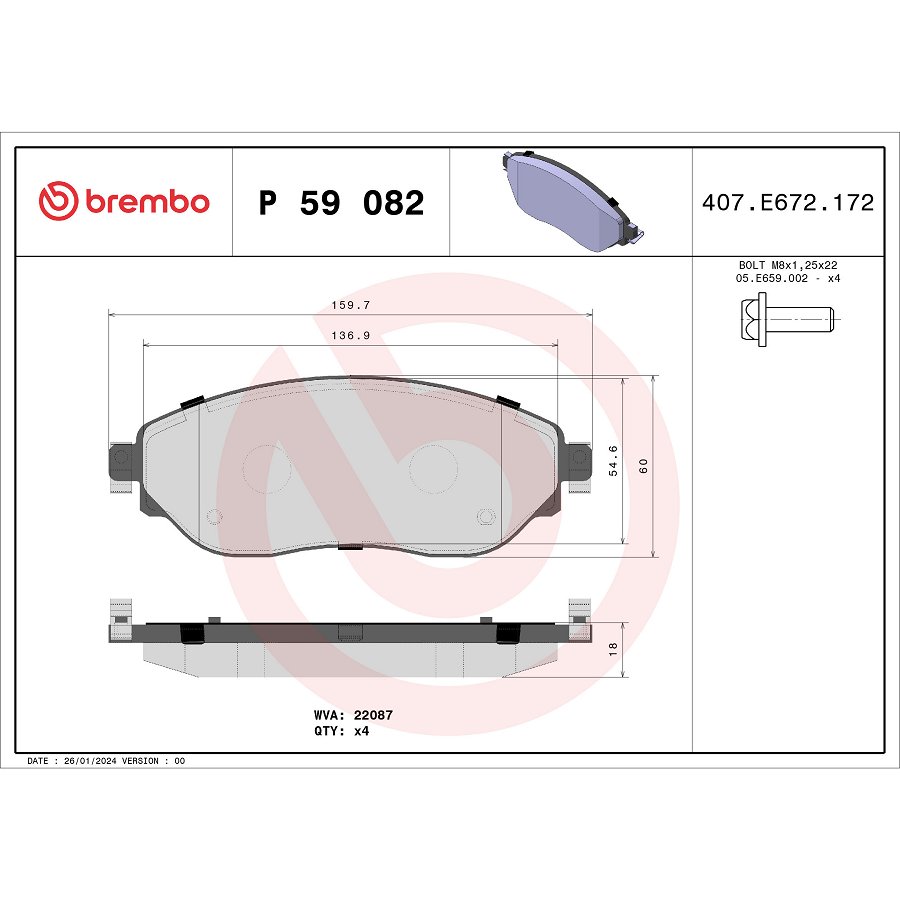 4 Plaquettes De Frein Brembo P 59 082